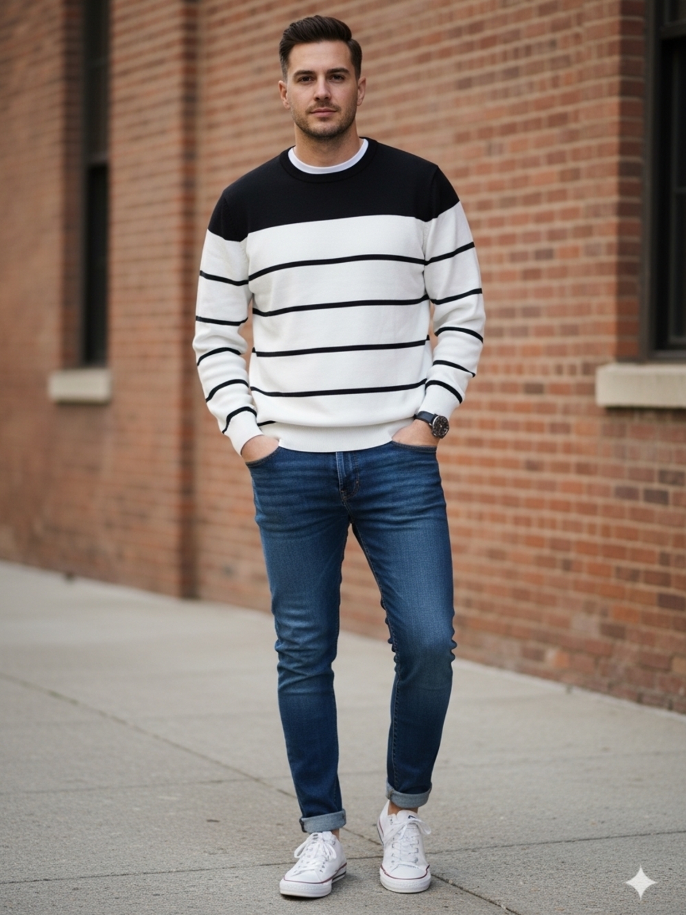 💥NWOT-Lightweight Black and White Horizontal Stripe Crewneck Sweater